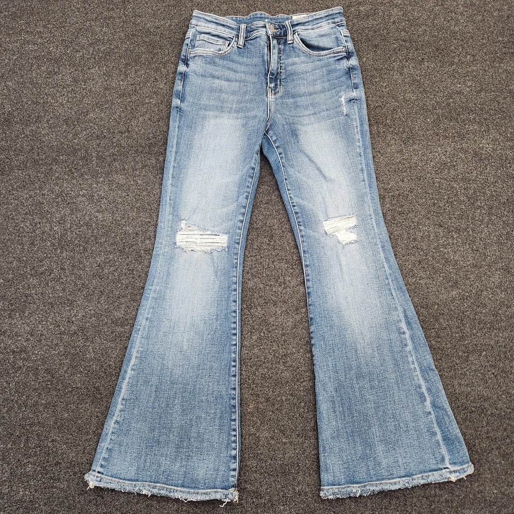 Bridge By Gly Womens 29x28 High Rise Blue Flare Jeans Raw Hem Distressed‎ Boho